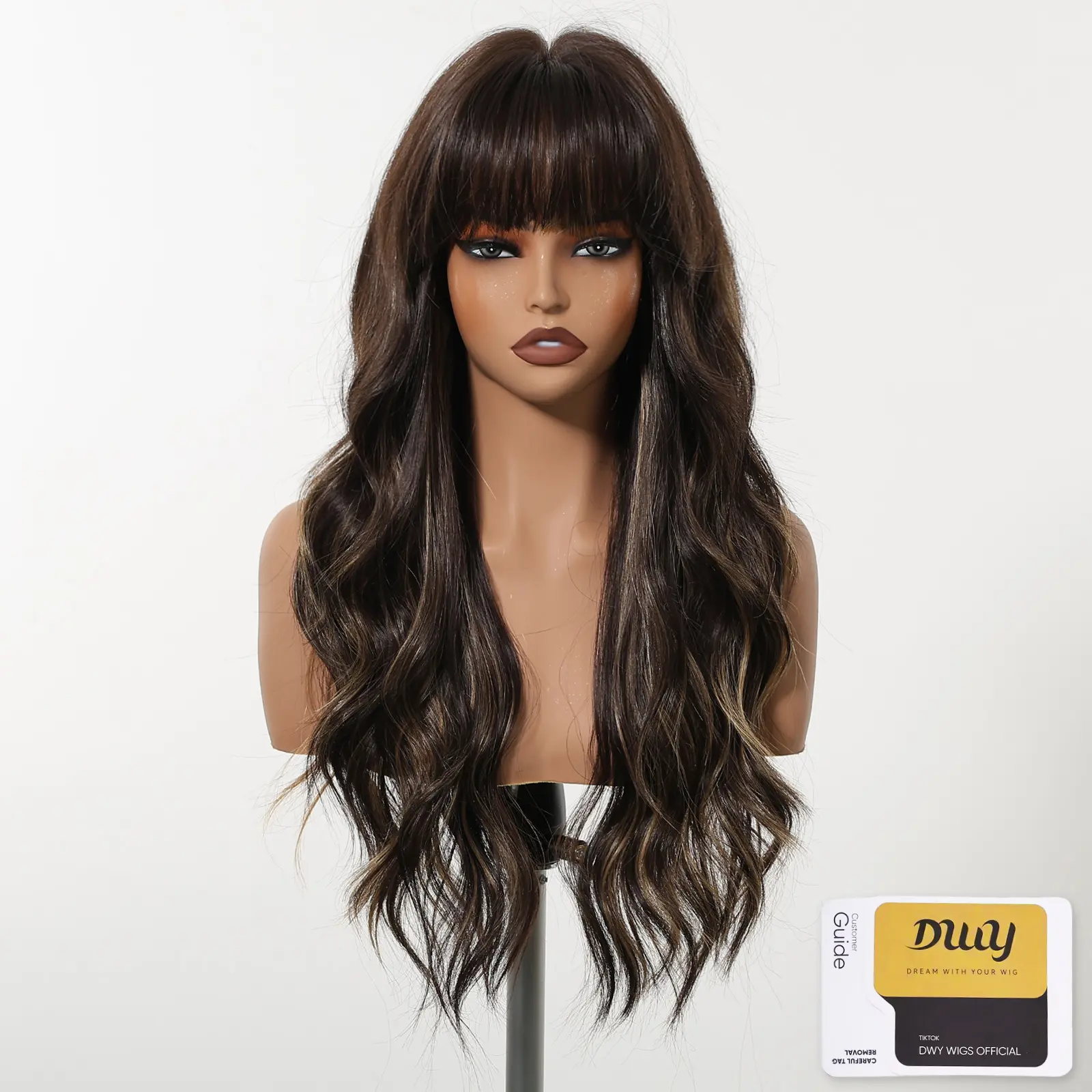 Loni Plus -DWY New Technology! Bionic Silk Top 24-Inch Long Wave Dark Brown Glueless Synthetic Wig with Bangs for Women High-Quality Premium Fiber Easy Wear Comfortable Fit