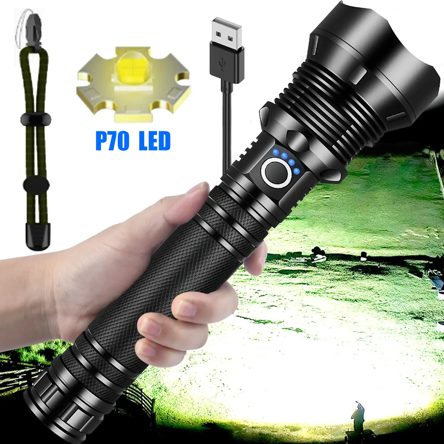 10000mAh Rechargeable High-Power Flashlight Three Lighting Modes, Ultra-Long Battery Life, Telescopic Zoom, IP65 Waterproof, Type-C Charging Portable