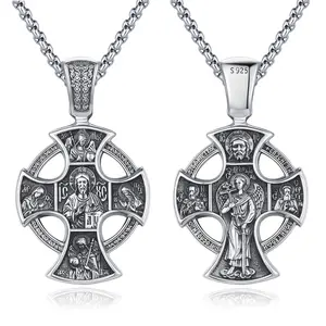 DRINSPER Orthodox Necklace 925 Sterling Silver Jewelry Four Way Cross Necklace Saint Patron Protection Jewelry for Men Women