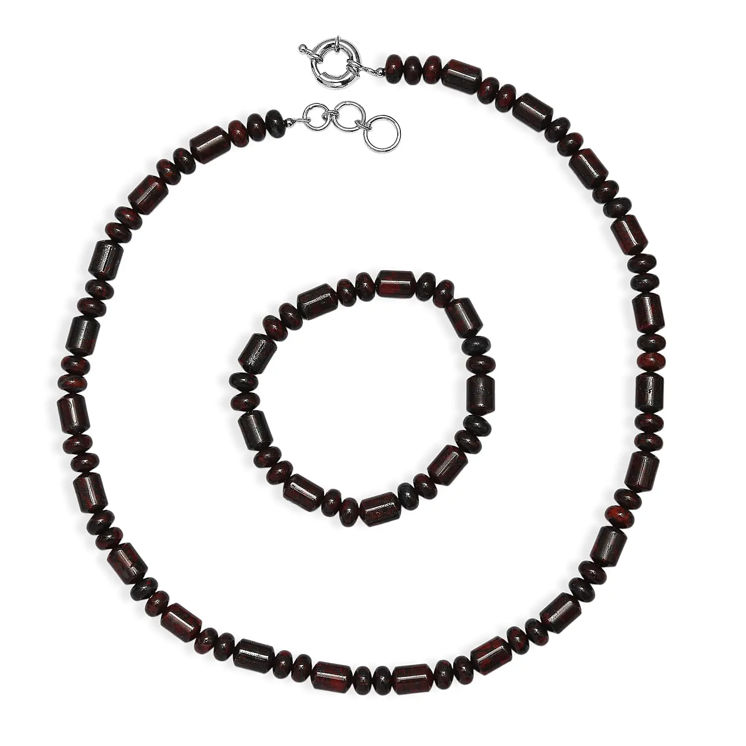 EverTrue Red Jasper Beaded Stretch Bracelet and Necklace (20 Inches) in Platinum Bond 410.00 ctw