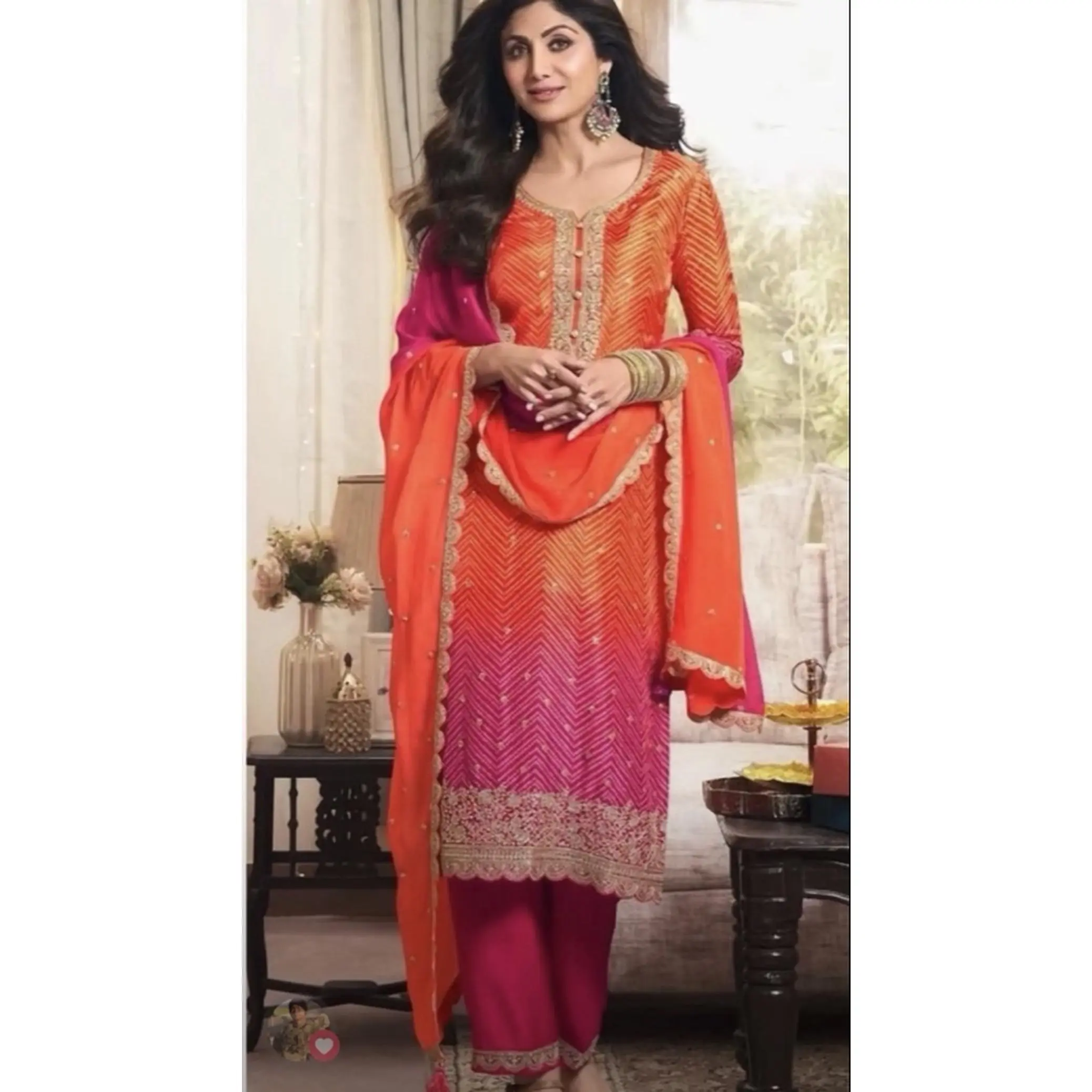 Xl Size Silk Bandhni Dress with Gradient Orange and Pink Colors