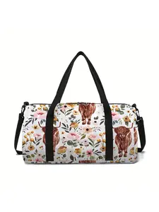 Yak and flower pattern printed large capacity travel duffel bag, portable storage bag, Traveling Bag, Travel Duffle Bag