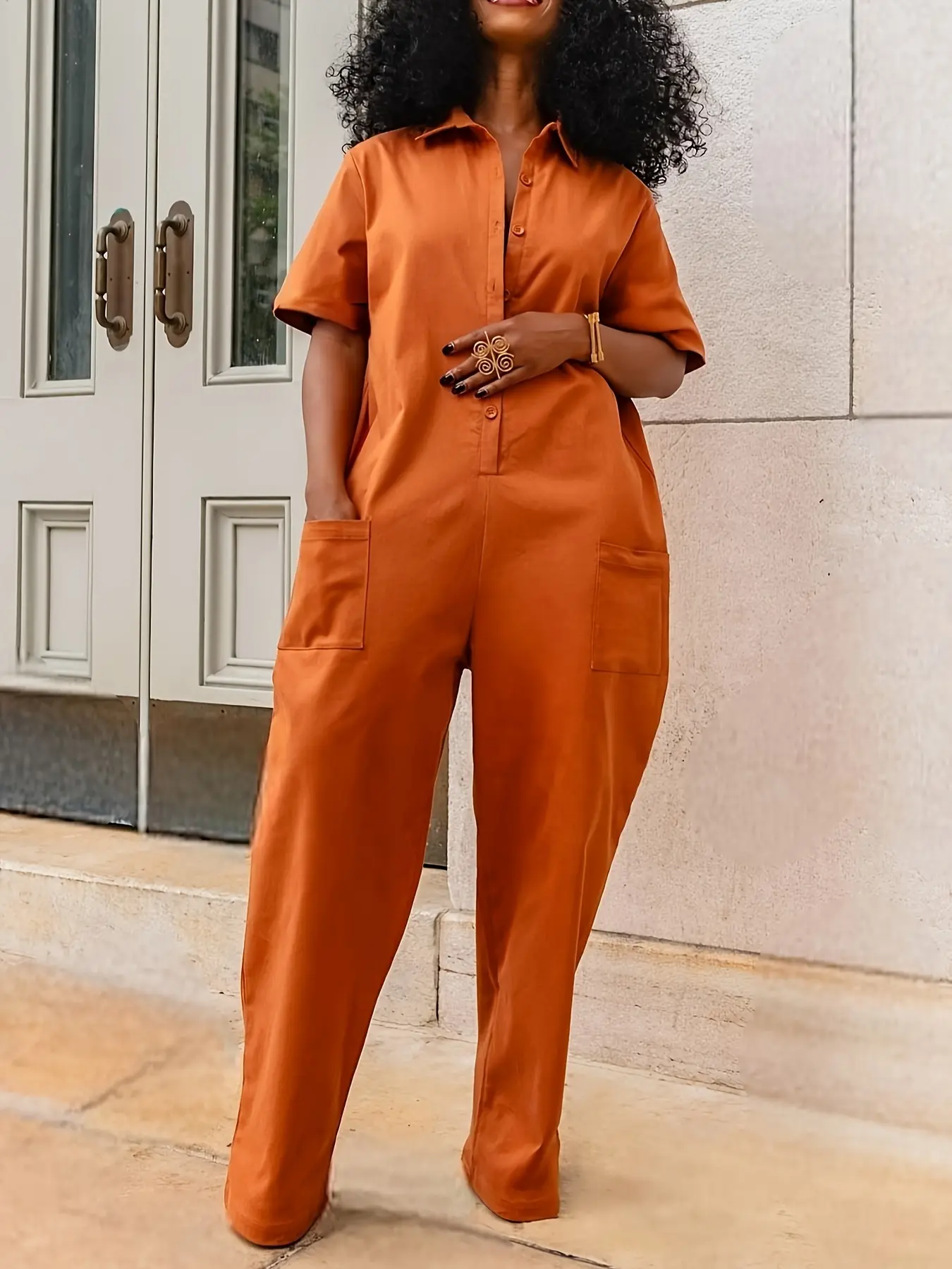 Motionkiller Solid Button-Front Jumpsuit with Pockets and Spread Collar for Fashion Apparel - Check, Overalls, Polyester, Women, Fit, Fabric