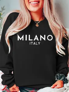 Women's Milan Italy Pattern Print Long Sleeve Casual Loose Fit Pullover Sweater, Fall & Winter Round Neck Fashion Top