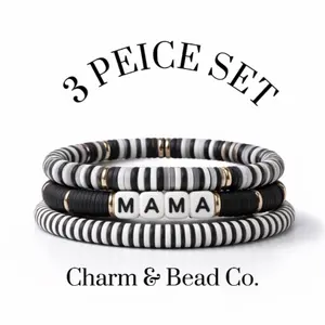 Charm & Bead Co. "MAMA" Bracelet 3-Piece Set - Black & White Beaded Stackable Bracelets for Women