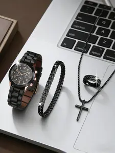 4-piece set of fashionable and casual quartz watches, men's and women's cross jewelry chain ring bracelet set