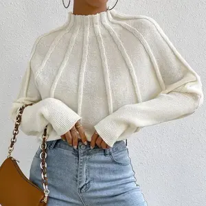 2025 Women's High Neck Pullover Solid Color Batwing Sleeve Sweater