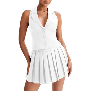 Imily Bela Essentials Womens Summer 2 Piece Outfits V Neck Blazer Vest Matching Sets and Mini Pleated Skirts