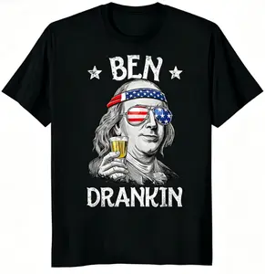 Ben Drankin 4th of July T-Shirt, 100% Cotton Unisex Tee, Funny Benjamin Franklin USA Flag Shirt, Patriotic Drinking Party Top