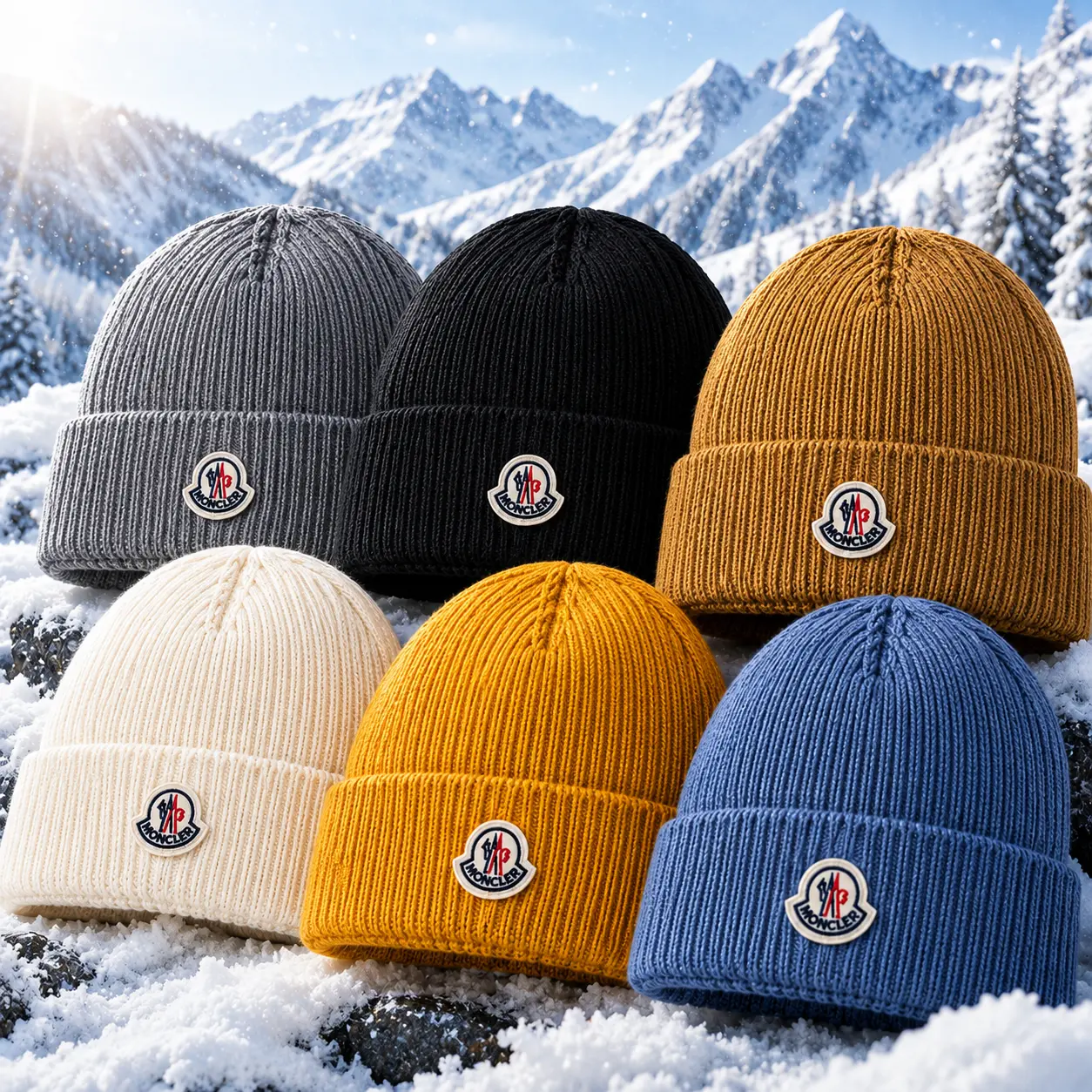 MONCLER Rib Knit Beanie Hat – Warm Wool Knit Cuffed Winter Hat for Men & Women, Classic Logo Skull Cap, Stretchy Thermal Cold Weather Beanie, Cozy Outdoor Streetwear Hat