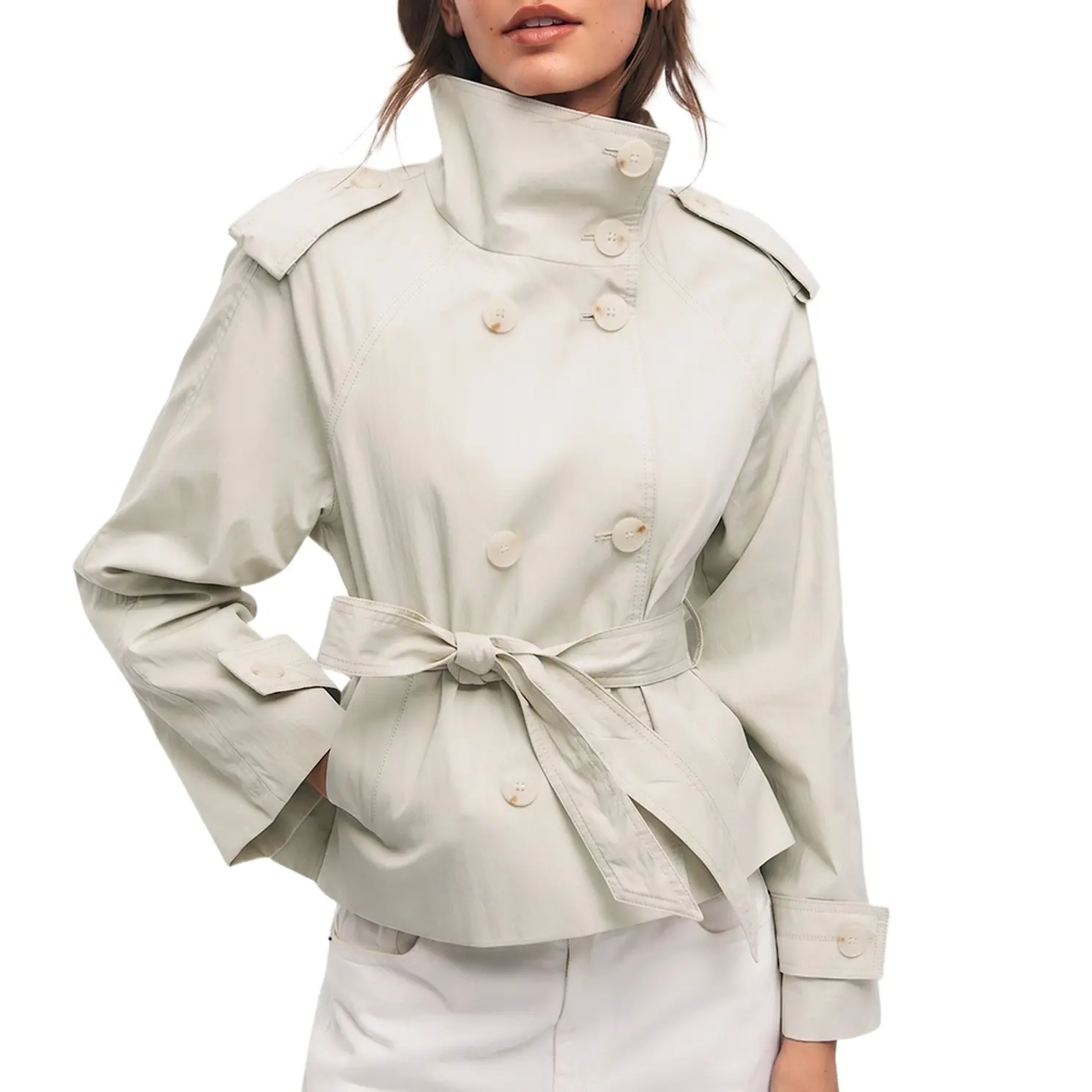 Hixiaohe Women's Short Trench Coat, Double-Breasted Short Jacket, High-Neck, Spring/Fall Coat, Fashionable Coat, Comes with a Belt