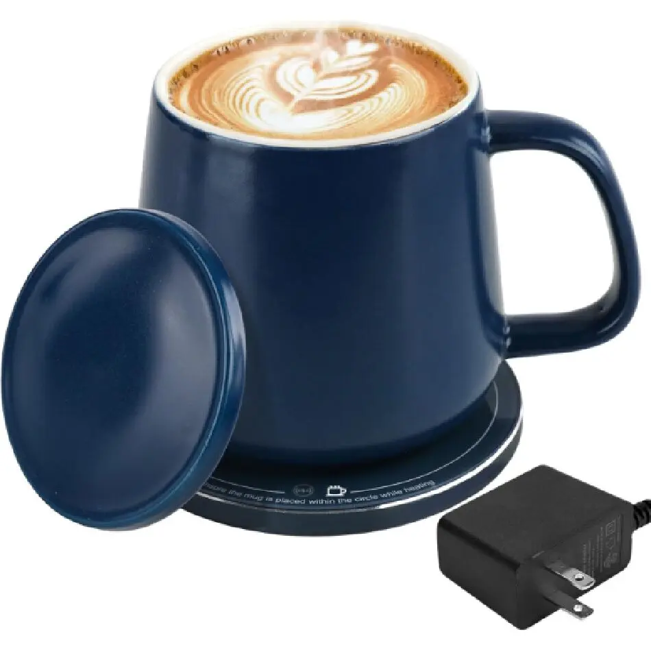 Navy Blue 15W Fast Wireless Charging Coaster & Smart-Warming Ceramic Mug Warmer Combo Set - 12.8 oz Coffee Mug with USB-C Plug-in, Auto-Magic 4h Auto-On/Off, Default 131°F/55°C Keep-Hot, Removable Splash-Proof Lid, Ideal for Work/Home Coffee Lovers
