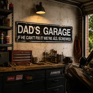 "Dad's Garage" Metal Tin Sign — Creative Street Sign Style — Home Decor & Decorative Wall Plaque — Ideal for Walls in Homes, Farmhouses, and Garages — Living Room Accent Piece — Vintage Garage Signage