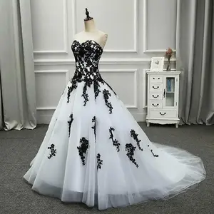 White and Black A Line Wedding Dresses Strapless Sleeveless Applique