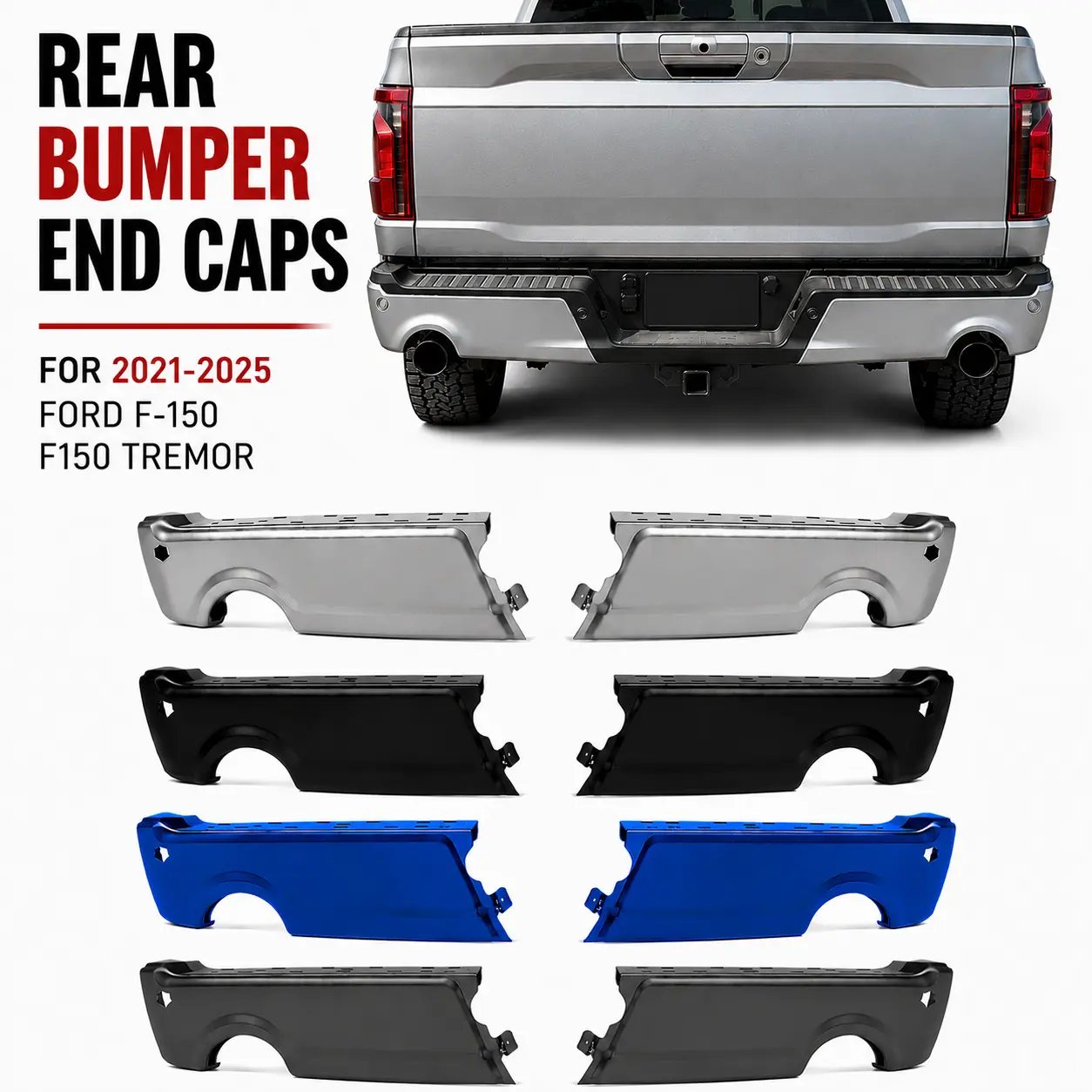 Painted Rear Bumper End Cap Trim Cover Pair Set For Ford F-150 Tremor 2021-2025, Pre-Assembled Direct Install Left & Right Rear Bumper Corner Cover Replacement (Without Dual Exhaust, Factory Look)