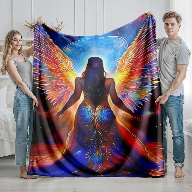 1 piece Colorful-winged angel back with cosmic halo themed flannel blanket - Oversized fluffy warm sofa blanket, suitable for beds and sofas, modern geometric pattern design, all-season use, digital printing, 100% polyester material, machine