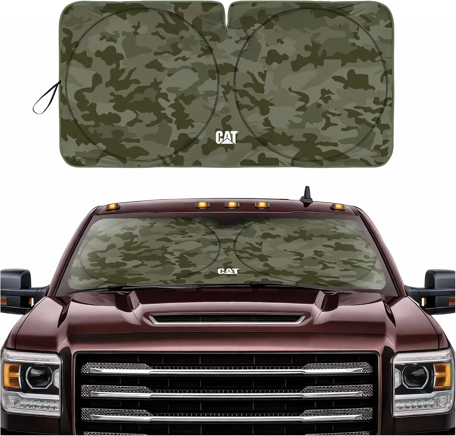 CAT Windshield Sun Shade for Trucks - Green Camo XL Jumbo Foldable Sunshade for Truck Cab Interior Protection, UV Heat Blocker, Sun Shield, Heavy-Duty Truck Accessories, Keeps Cab Cool