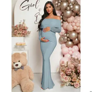 Dress Long Shower Baby Fishtail Shoulder - Off Pregnant Loomaby Women Sleeve For Maternity