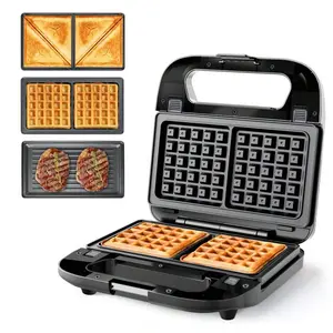 3-In-1 Sandwich Maker, Panini Press & Waffle Iron - Indoor & Outdoor Electric Grill With Removable Non-Stick Plates, Cool-Touch Handle, LED Light, Easy Clean, 750W - Perfect For Home, Kitchen, Camping & Travel