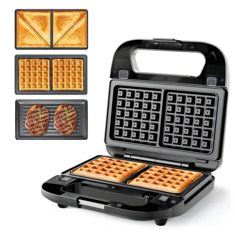 3-In-1 Sandwich Maker, Panini Press & Waffle Iron - Indoor & Outdoor Electric Grill With Removable Non-Stick Plates, Cool-Touch Handle, LED Light, Easy Clean, 750W - Perfect For Home, Kitchen, Camping & Travel