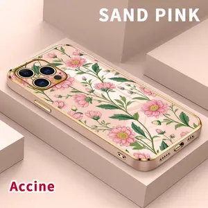 Luxury Electroplated Phone Case for iPhone 15 Pro Max 16 14 Plus 13 12 11 Pink Flower Reverie Pattern Soft TPU Silicone Ultra Slim cellphone Cover