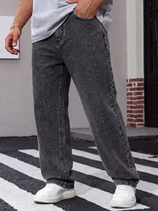Four-season men's vintage washed dark gray slim-fit straight-leg jeans, trendy and versatile American street-style jeans, suitable as a gift for husbands or boyfriends, Denim Pants Streetwear Menswear