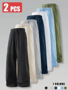 2-pack men’s summer casual athletic pants, 100% cotton linen, loose straight fit, lightweight and breathable