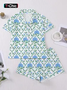 Women's Pajama Set, Blue Hydrangea Floral Print, Short Sleeve Button Shirt, Elastic Shorts, Elegant Comfortable Sleepwear, Holiday Party