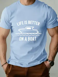 American Yacht Style Graphic T-Shirt for Men, Slim-Fitting Long Sleeve, Perfect for Beach Trips, Cruising, Daily Commute, Casual Wear
