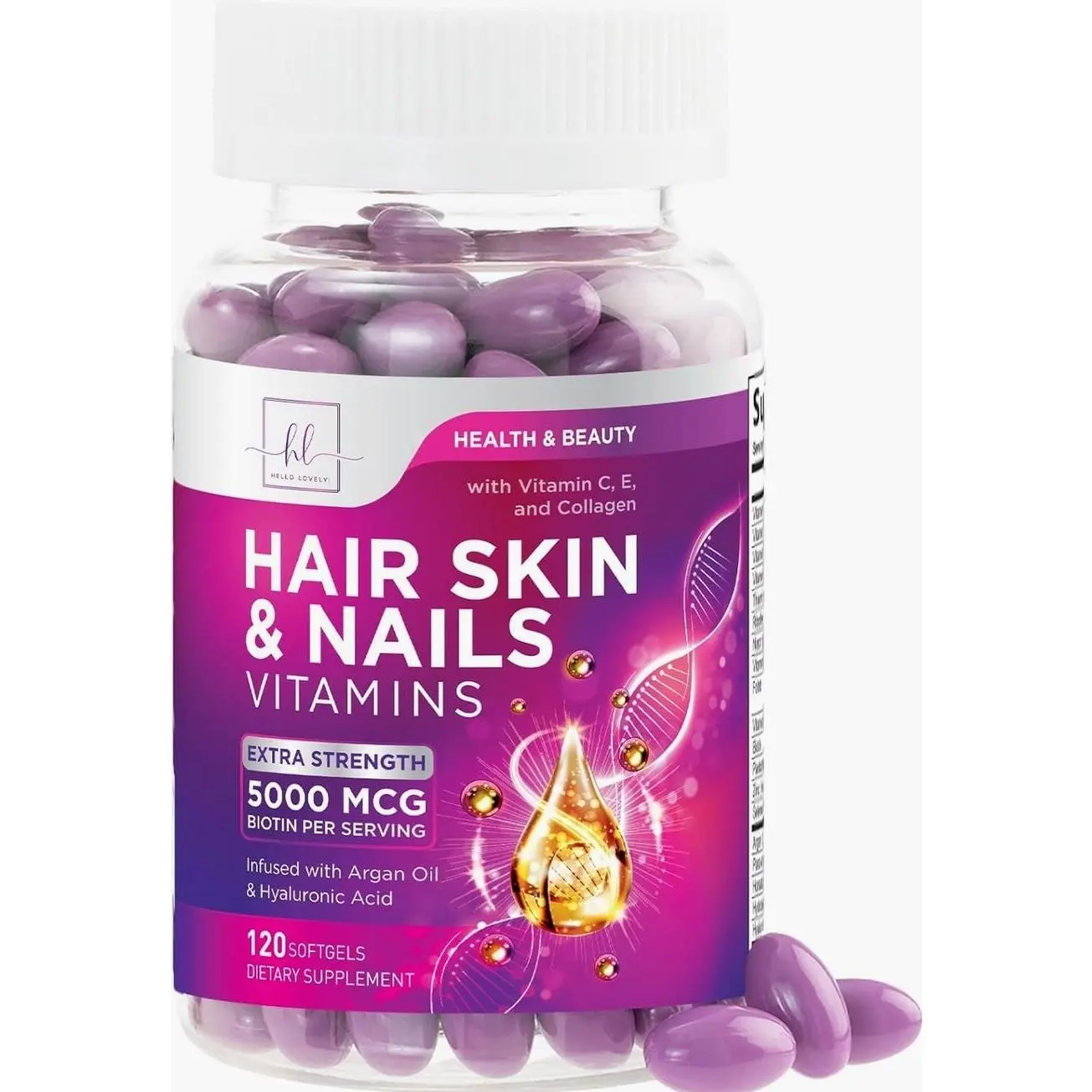 Hair Vitamins for Women for Hair Growth - Argan-Infused Supplement with Collagen, Biotin and Hyaluronic Acid - Supports Faster Hair Growth, Skin & Nails Beauty Vitamins, Bottled in USA - 120 Softgels