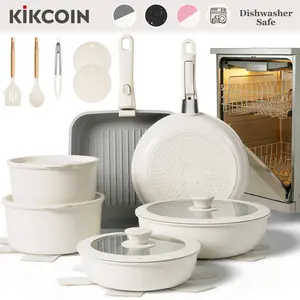 [OOAK Dishwasher safe]Kikcoin Nonstick Oven Safe pots pans set,detachable handle,From the stove to the table,Non-Toxic Ceramic,PFOA-Free,Lids,pots pans set complete 22Pcs Cookware Set,RV Cooking,Kitchen,Mother’s Day gift