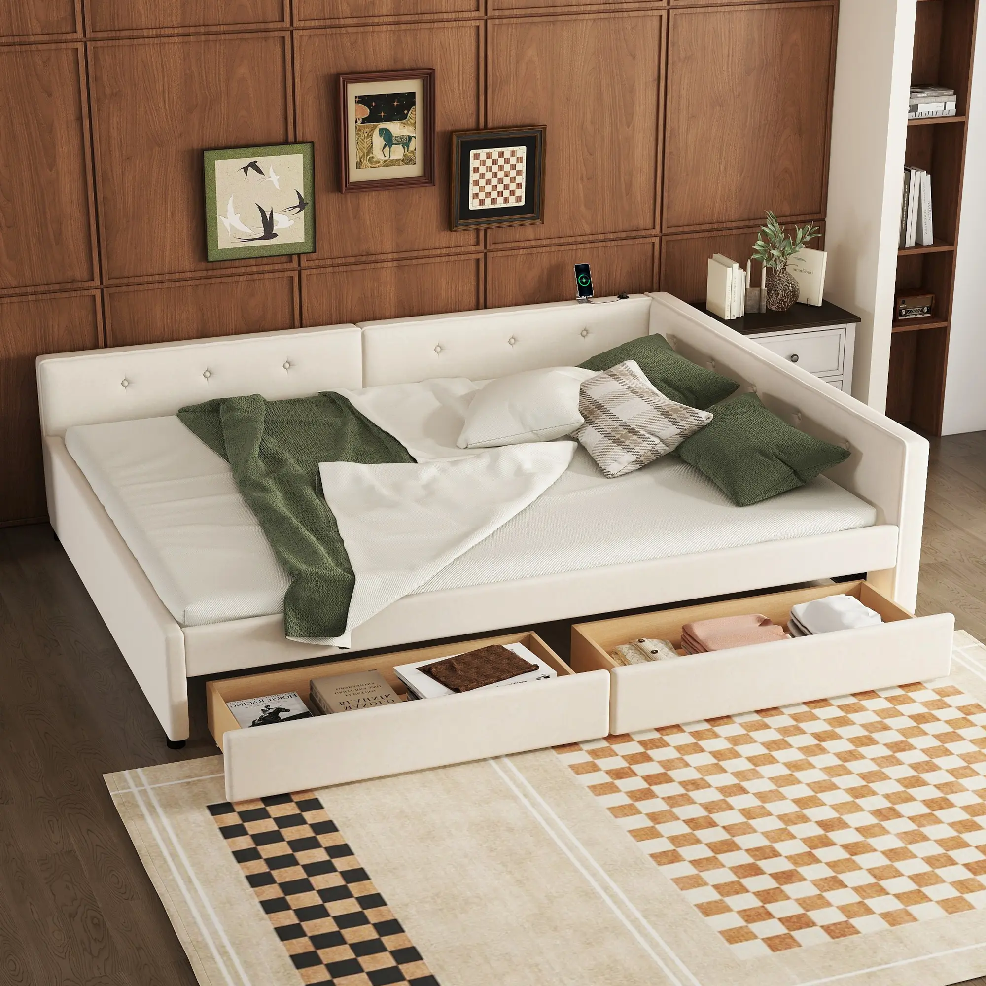 Queen Size Daybed with Storage Drawers, Upholstered Corner Bed Frame Queen with USB Charging, L Shaped Bed Frame with Solid Slats Support, Floor Day Bed for Teens Adults, Beige