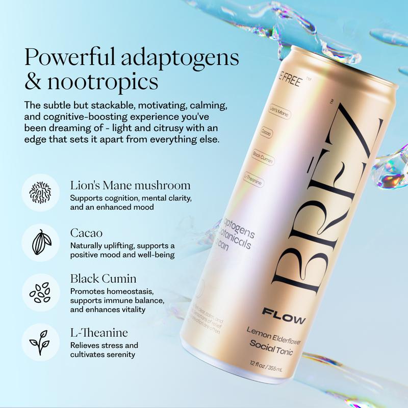 BREZ Social Tonic Variety Pack - Functional Beverages with Mushrooms Adaptogens & Nootropics - Vegan Non-GMO Gluten-Free - 12oz - Lemon Elderflower, Strawberry Mango, Cherry Chamomile Flavors