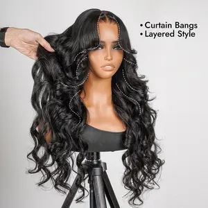 Alipearl Wigs Glueless Layered Ocean Wavy with Curtain Bangs Ready to Go Wig 5x7 Lace Closure Wigs Pre Cut Pre Plucked Lace Long Human Hair Beginner friendly Convenient Wigs