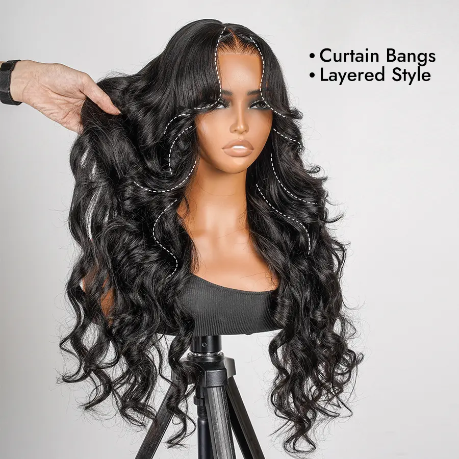 Alipearl Wigs Glueless Layered Ocean Wavy with Curtain Bangs Ready to Go Wig 5x7 Lace Closure Wigs Pre Cut Pre Plucked Lace Long Human Hair Beginner friendly Convenient Wigs