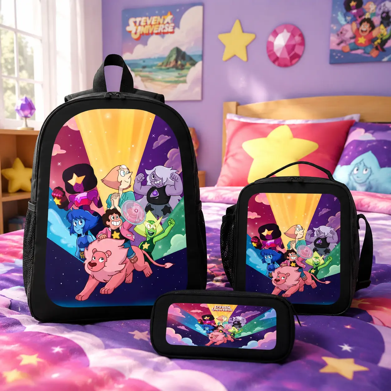 Steven Universe 3PCS Polyester Cartoon Print Backpack Set - Boys Girls Kawaii Functional Bag with Spacious Storage, Zipper Closure, Lunch Bag, Pencil Case, Lightweight Back to School Travel Fan Gift