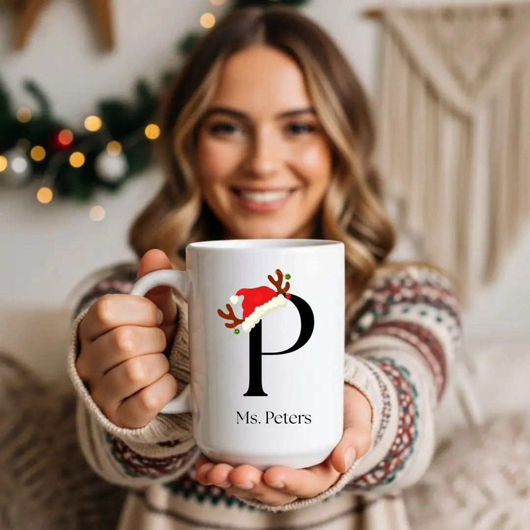Christmas Initial Mug, Santa Mug, Personalized Custom Letter with Santa Reindeer Hat, Holiday Mug, Gift Ideas for the Holidays, Coworker Mug