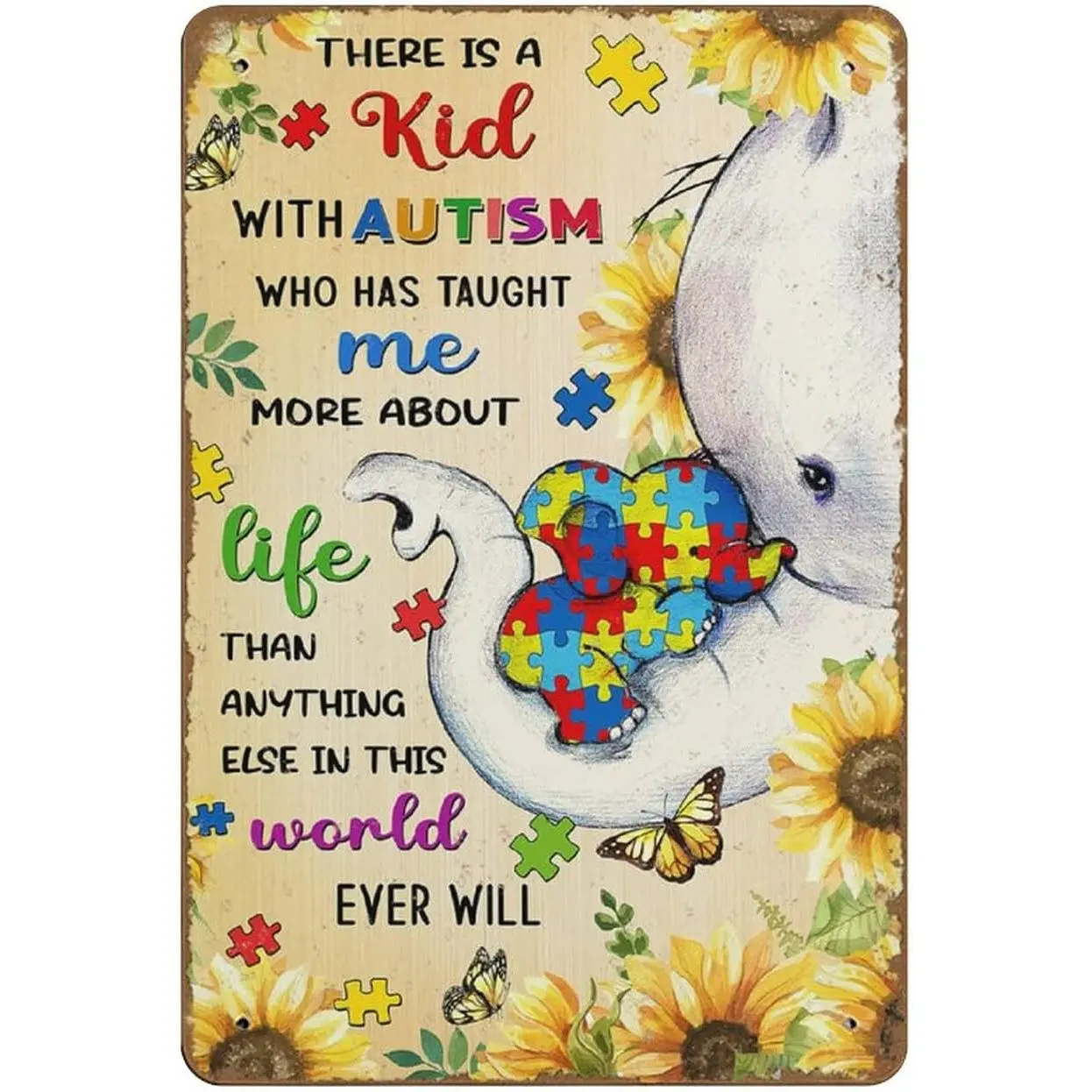 Elephant Autism Poster Autism Awareness tin sign Art Elephant And Sunflowers Decor Autism Puzzle Piece Wall Art Autism Mom Decor Novelty Retro Metal Tin Sign Home decor Plate Wall Art Sign