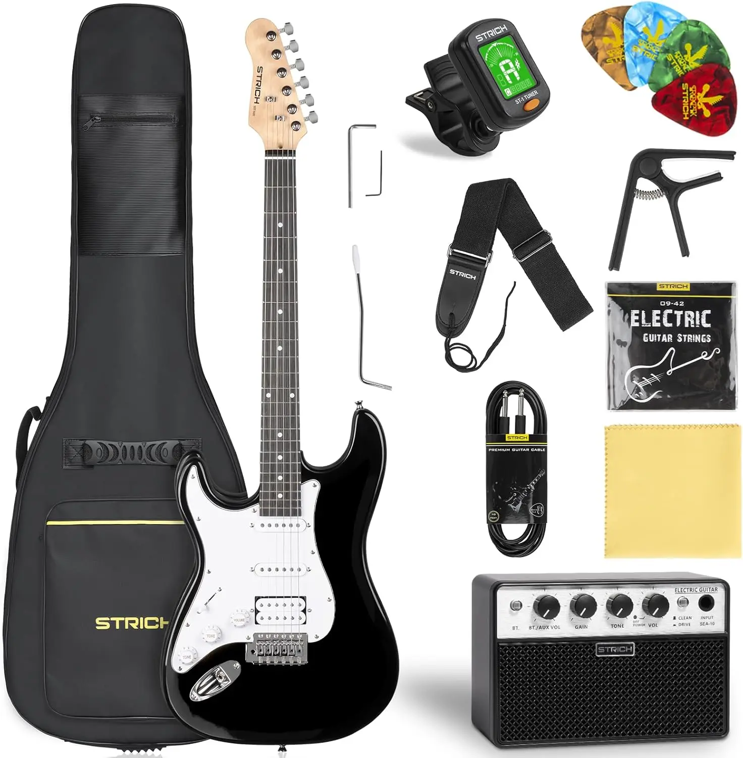 STRICH Left-Handed 39" Solid Body Electric Guitar Beginner Kit with HSS Pickup, Maple Wood, Clean White Pickguard, 5Wx2 Amplifier, Gig Bag, Digital Tuner, Capo, Strap, Strings, Cable, Picks, 6.0000 kg, SST-S20L Black, 12-Month Warranty for Daily Practice