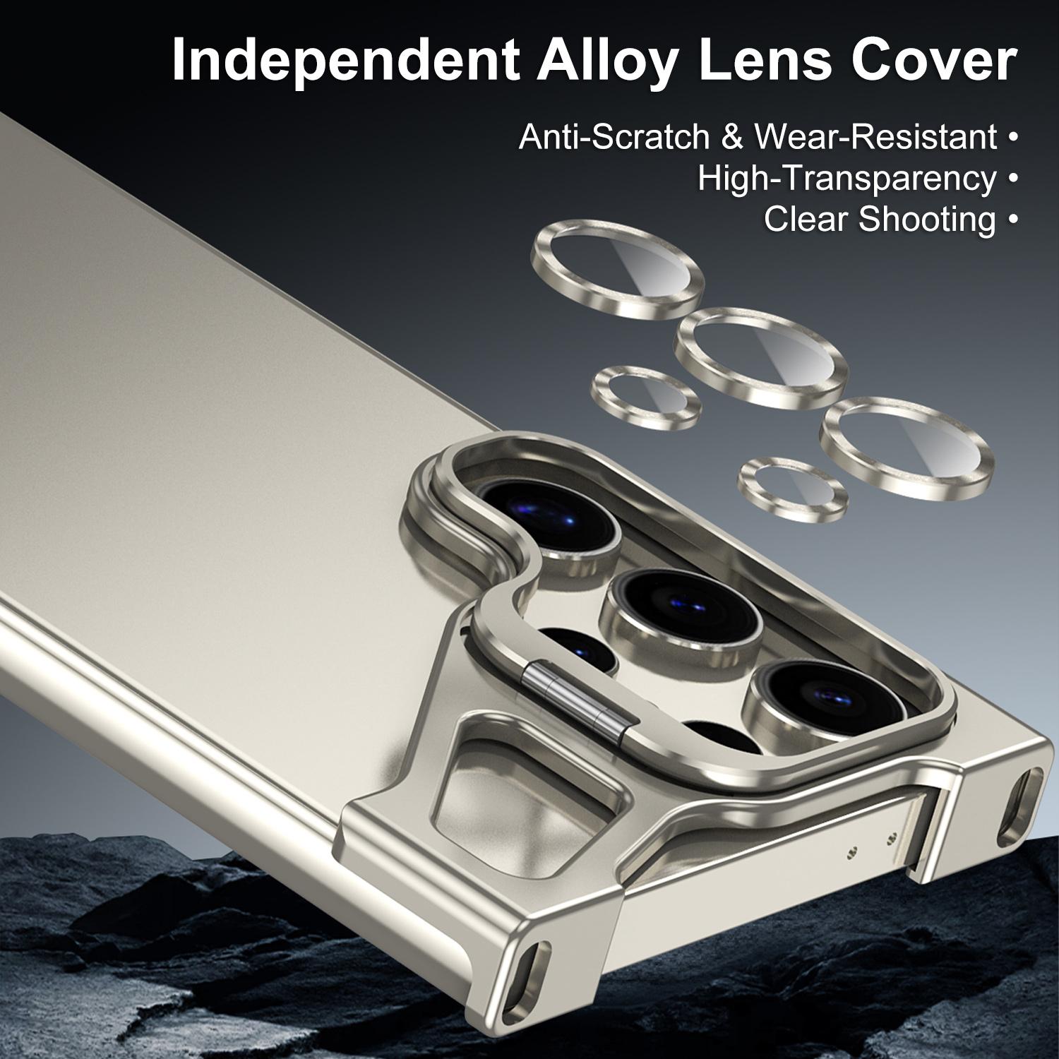 Compatible For Samsung Galaxy S25 S24 S23 S22 ULTRA Borderless Lens Stand Case, Aluminum Metal Frameless Design, with Camera Lens Protector, Slim Thin & Lightweight, Shockproof Bumper Case for Women Men
