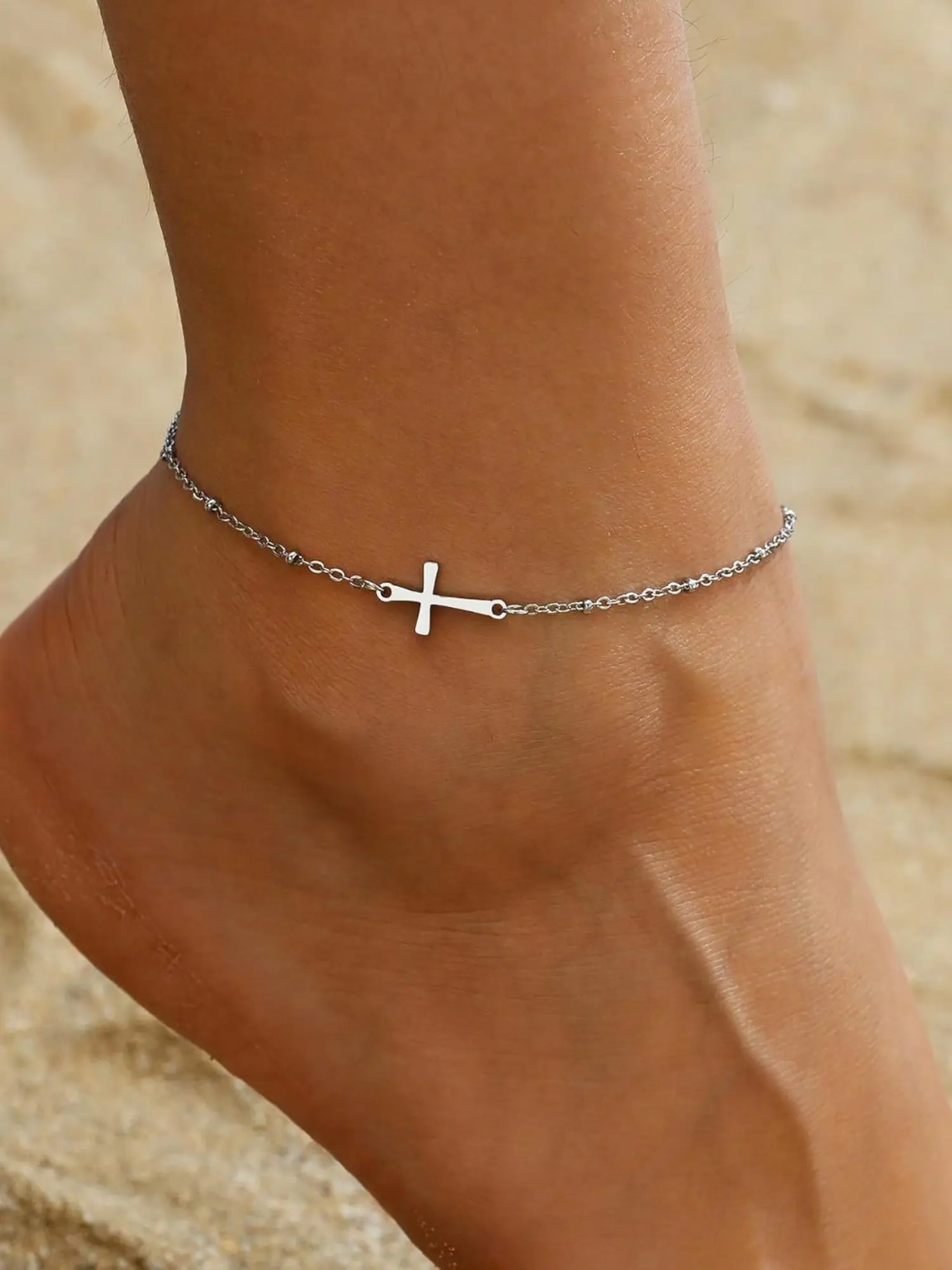 Women's Cross Anklet, 18k Elegant Anklet, Decorated with Colored Beads and Pearls, Adjustable Religious Christian Anklet, Waterproof Bohemian Summer Beach Jewelry, Ankle Bracelet