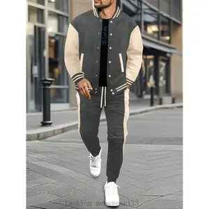 [Color Block Baseball Set] Polyester Color Block Men's Casual Baseball Jacket & Pants Set |         Button-Up with Belt Detail for Spring/Fall