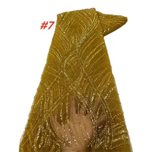 Wholesale Nigerian Beaded Embroidery Lace Fabric, High Quality French Mesh Sequins Sheer African Lace Material for Luxury Wedding Party