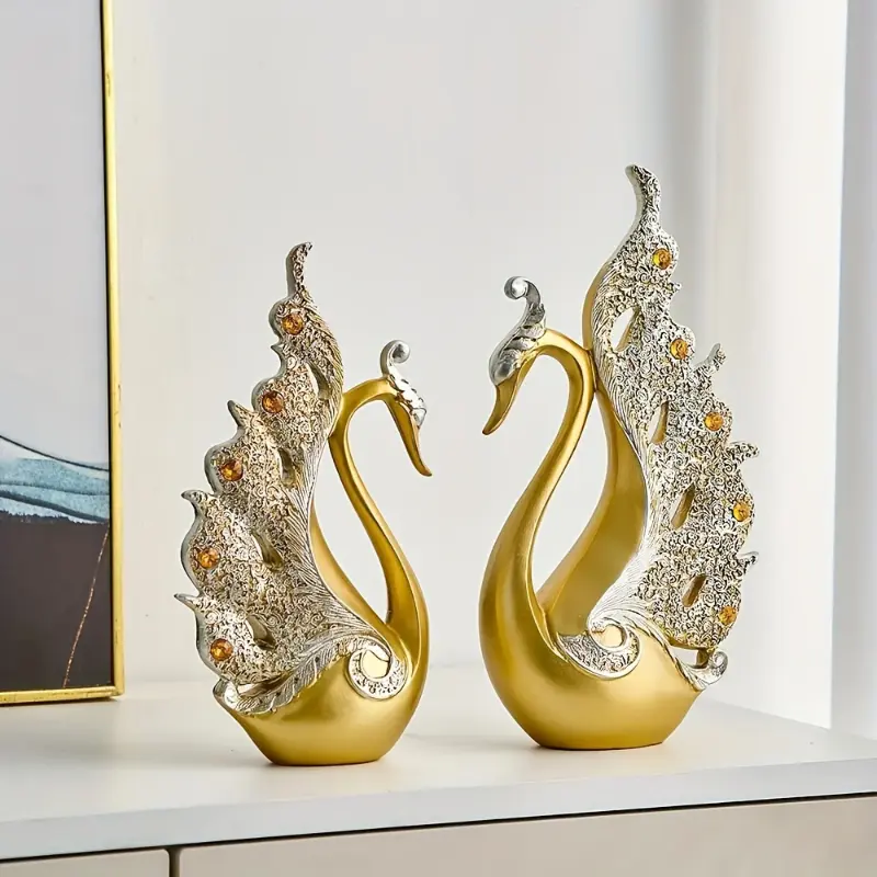 Elegant Golden Swan Couple Resin Figurines - Cordless Home Decor Statues with Gemstone, Blue Crystal Accents, Luxurious Lifelike Design for Living Room Indoors