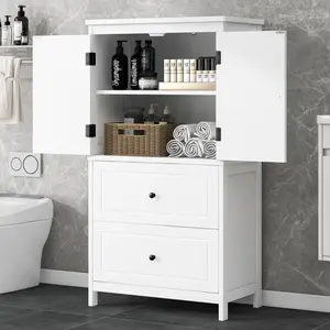 Bathroom Storage Cabinet, Cabinet with Two Doors and Drawers, Adjustable Shelf, MDF Board