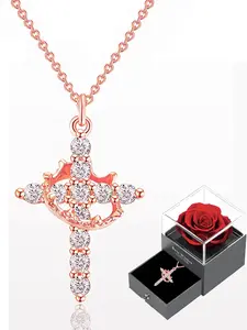 Rhinestone Crown & Cross Pendant Necklace with Rose Gift Box, Fashion Jewelry for Party, Daily Clothing Decor, Trendy All-match & Exquisite Jewelry for Birthday Gift, High End Necklace