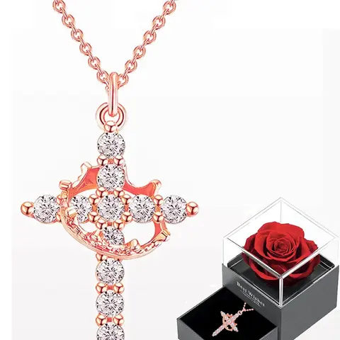 Rhinestone Crown & Cross Pendant Necklace with Rose Gift Box, Fashion Jewelry for Party, Daily Clothing Decor, Trendy All-match & Exquisite Jewelry for Birthday Gift, High End Necklace