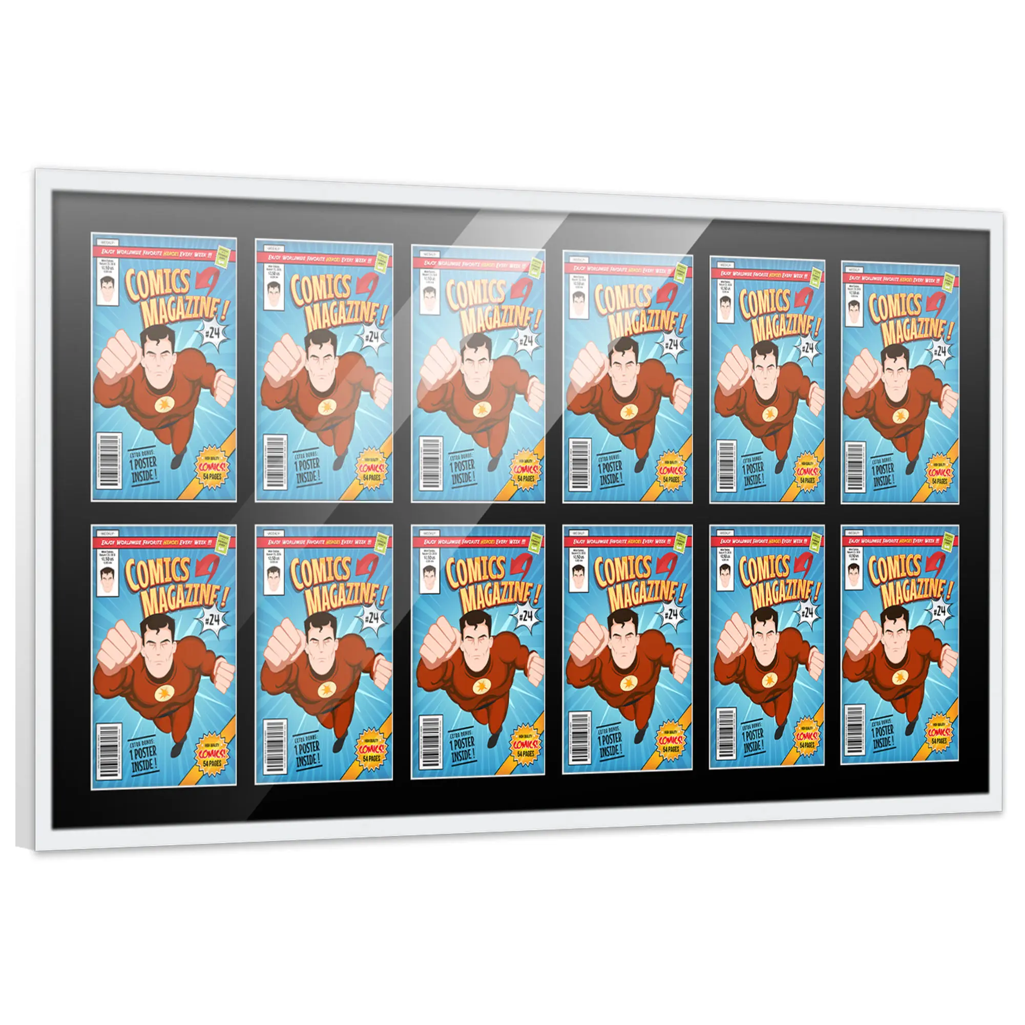 Comic Book Frame with Mat for 12 Current Era Comics Published After 1985 - White Wood Comic Frame With Black Mat for 6.875x10.5 Comics - 51x24.5 Frame Size
