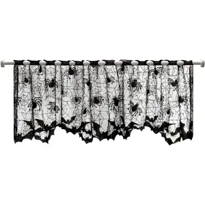 Halloween Lace Window Curtain,Vintage Spider and Bats Design Gothic Valance,Spiderweb Lamp Shades Topper Lace Cobweb Fireplace Mantle Scarf Cover With Ribbon Sheer Curtains for Decoration,20" X 60"