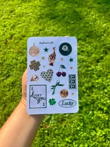 Lucky Sticker Sheet – Good Luck Charm Stickers, Matte Vinyl, Green Collage, Penny, Clover, 8 Ball, Scrapbook Stickers | 4x6